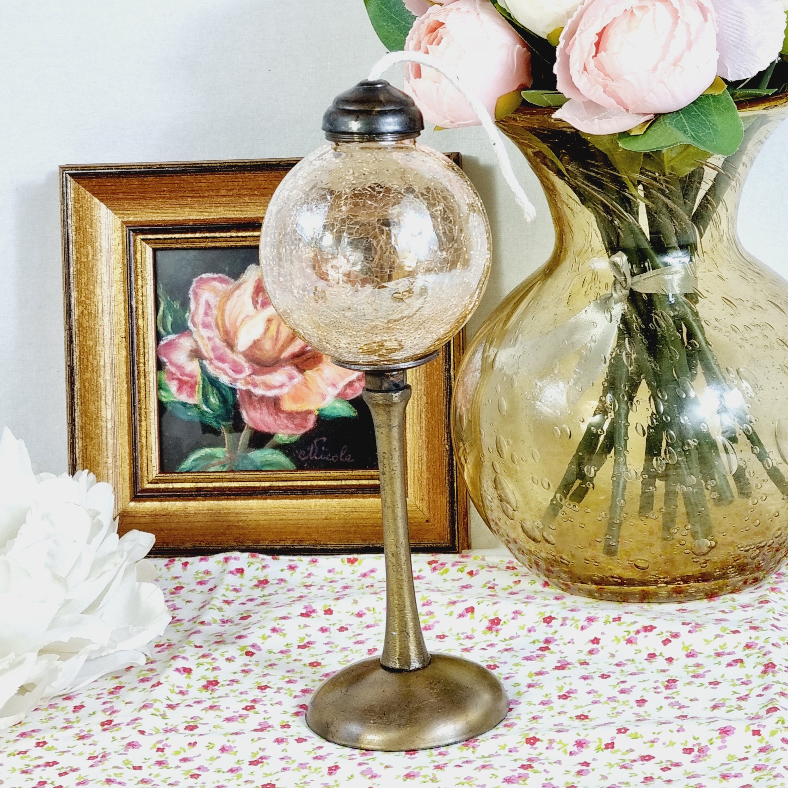 Lampe à huile laiton et verre craquelé