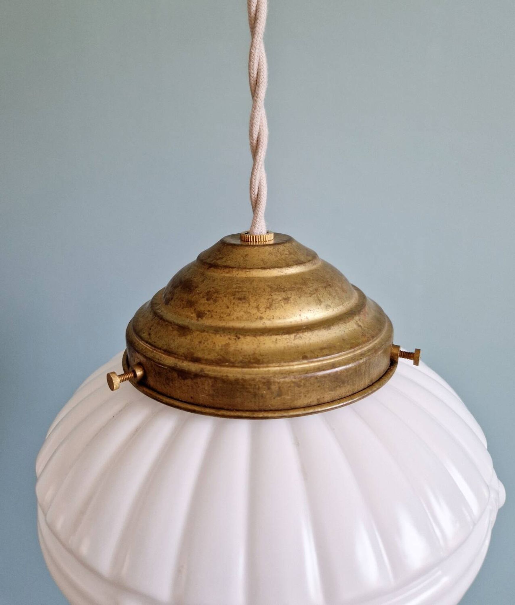 Pair of Art Deco pendant lights in pressed white opaline glass, 1920-30
