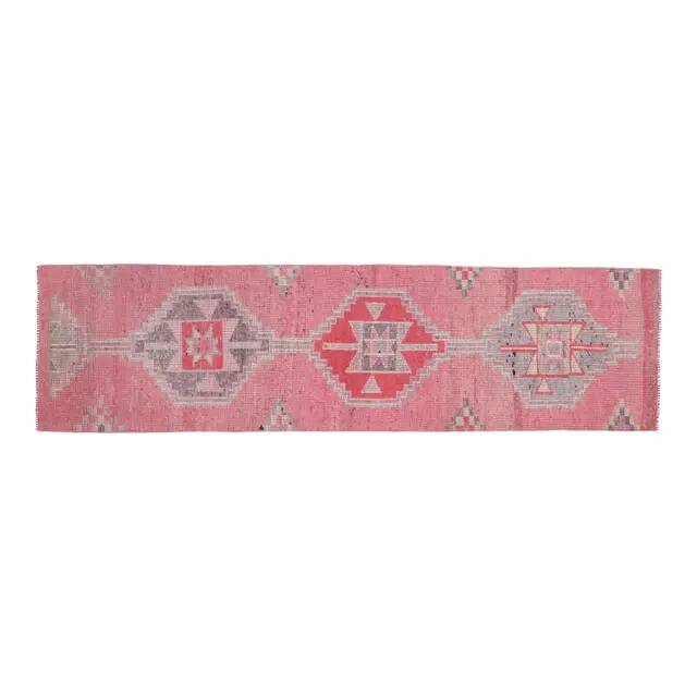 1970s Vintage Turkish Handmade Wool & Cotton Pink Runner Rug 83x307