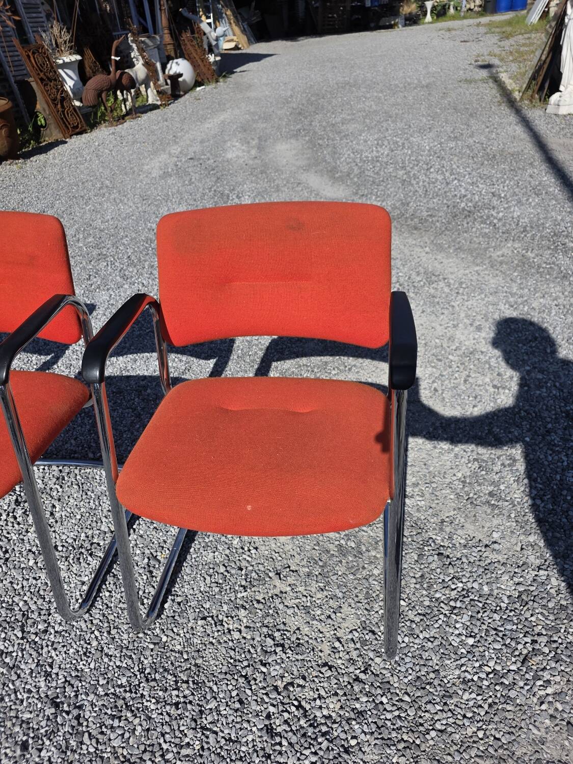 3 vintage chrome metal armchairs with orange fabric tops