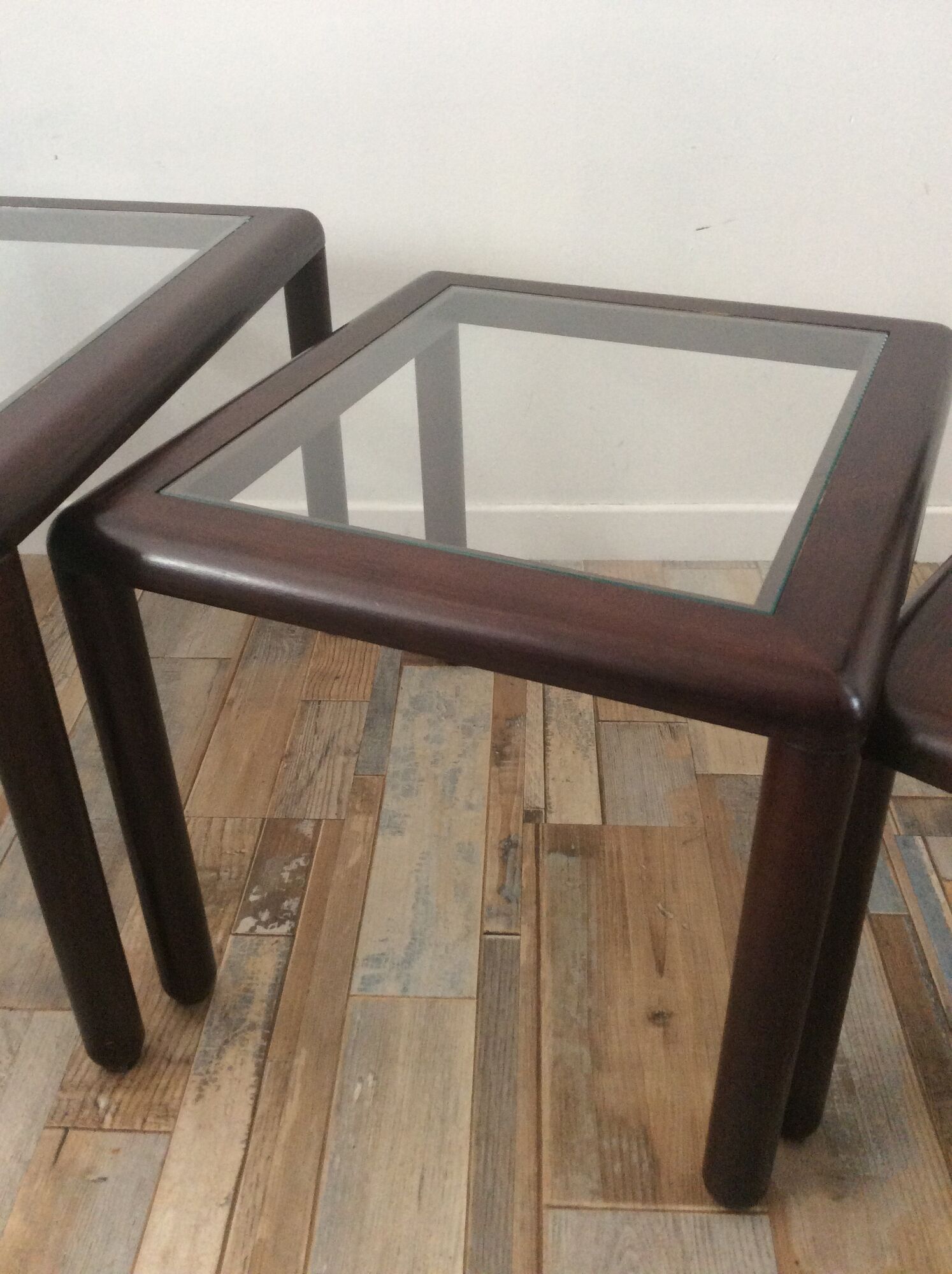 Series of 3 wooden and glass tables from the 70s