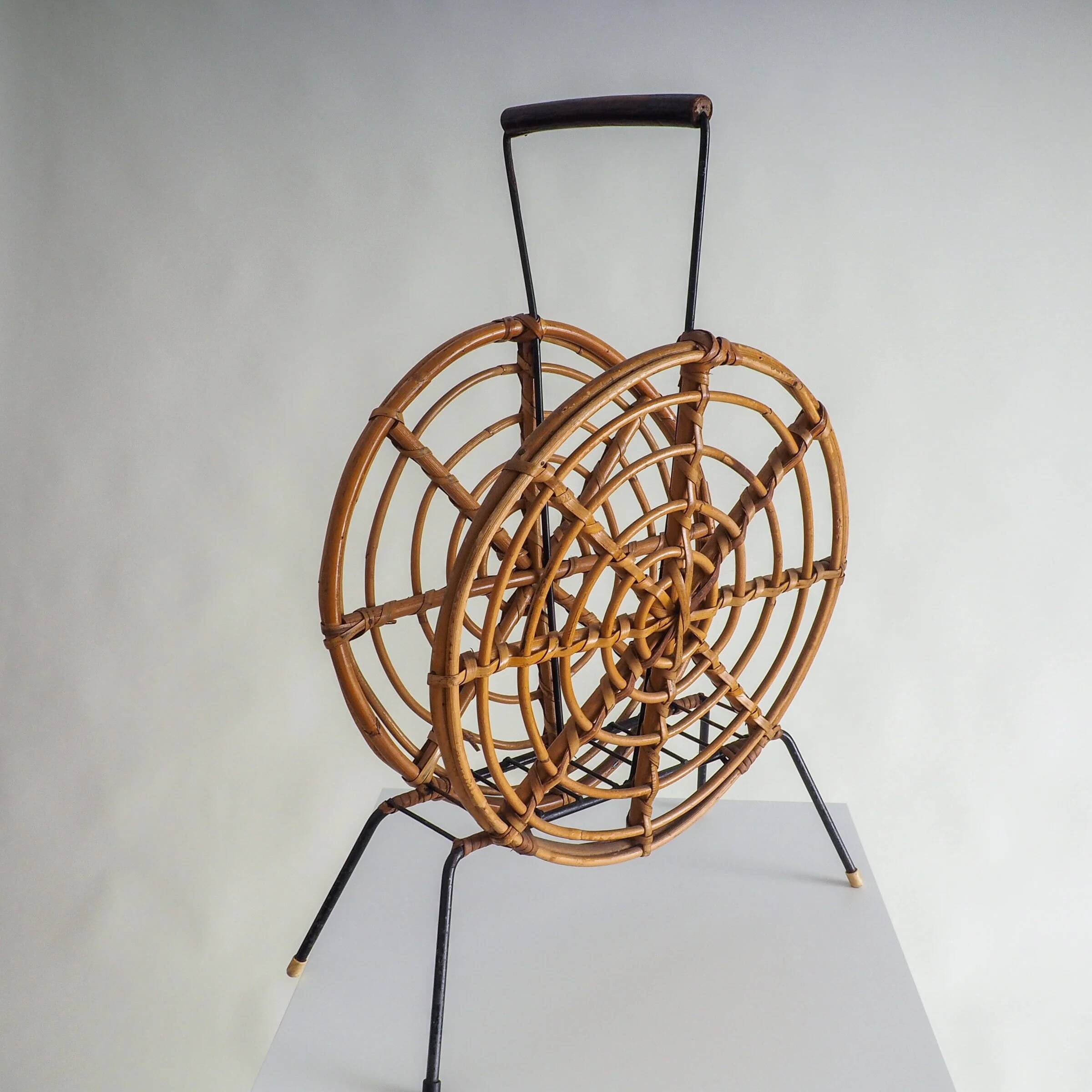 Mid-century round rattan magazine holder