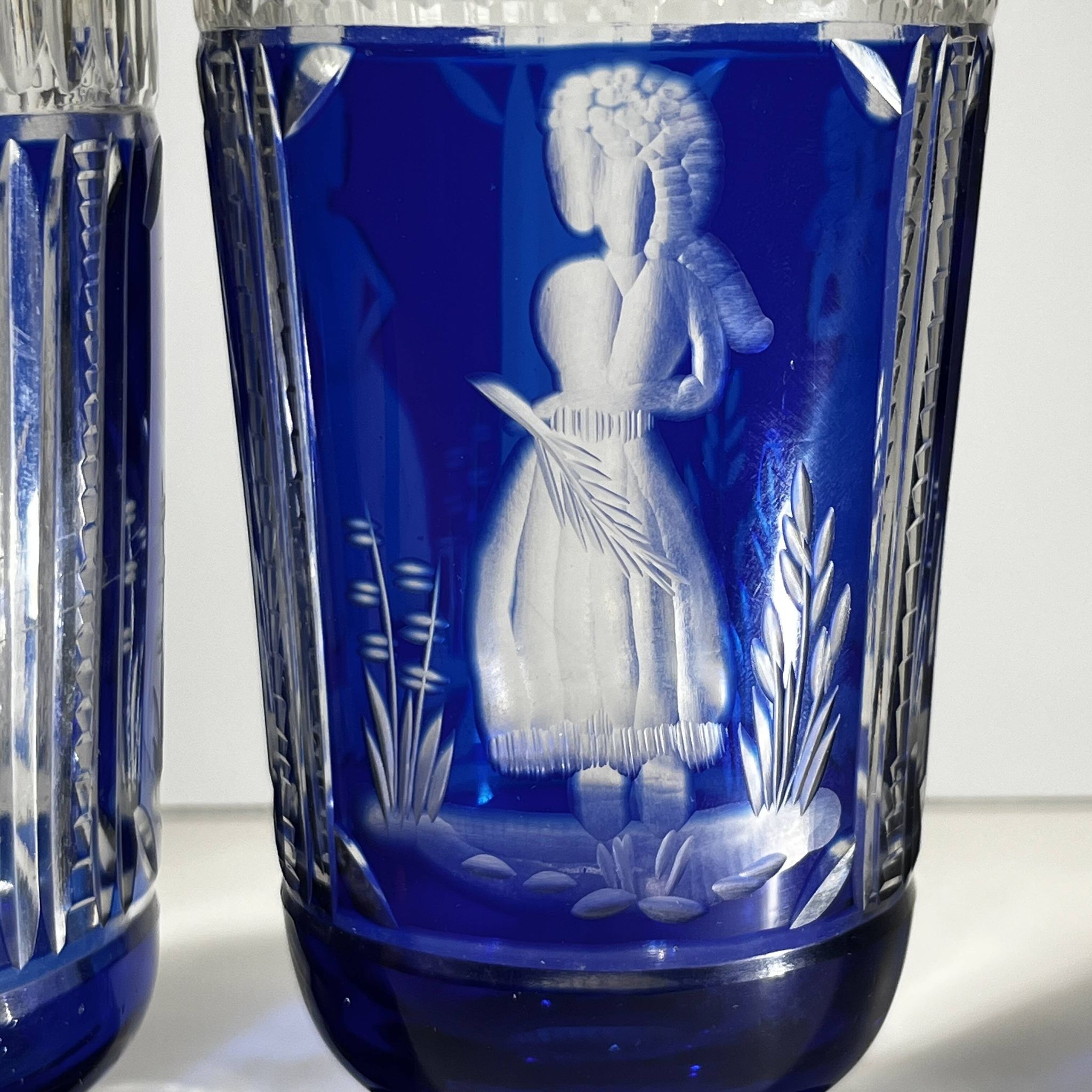 Bohemian crystal, set of 2 cobalt blue cut double glasses, ca 1900
