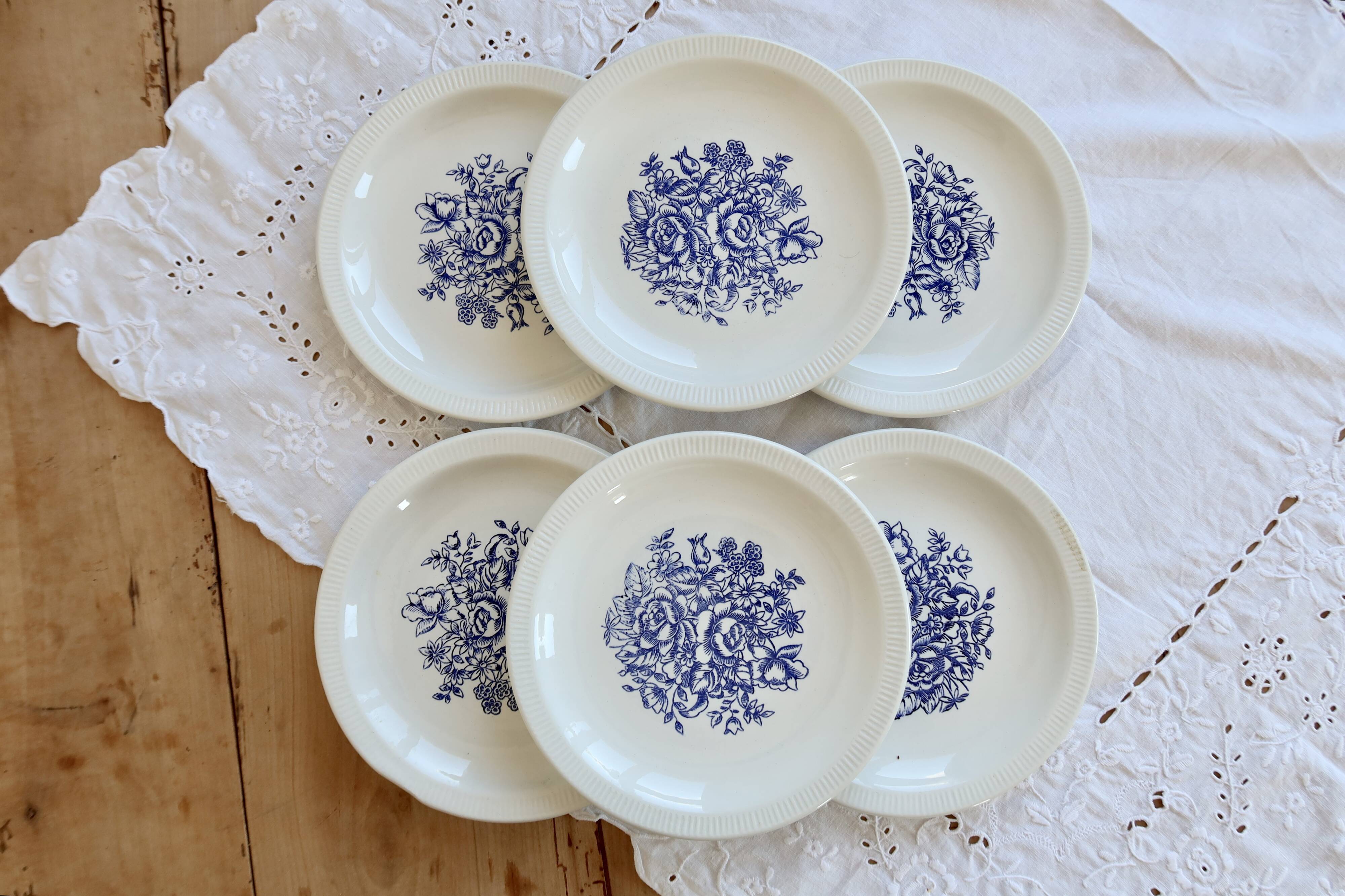 6 vintage porcelain dessert plates – Blue floral bouquet design