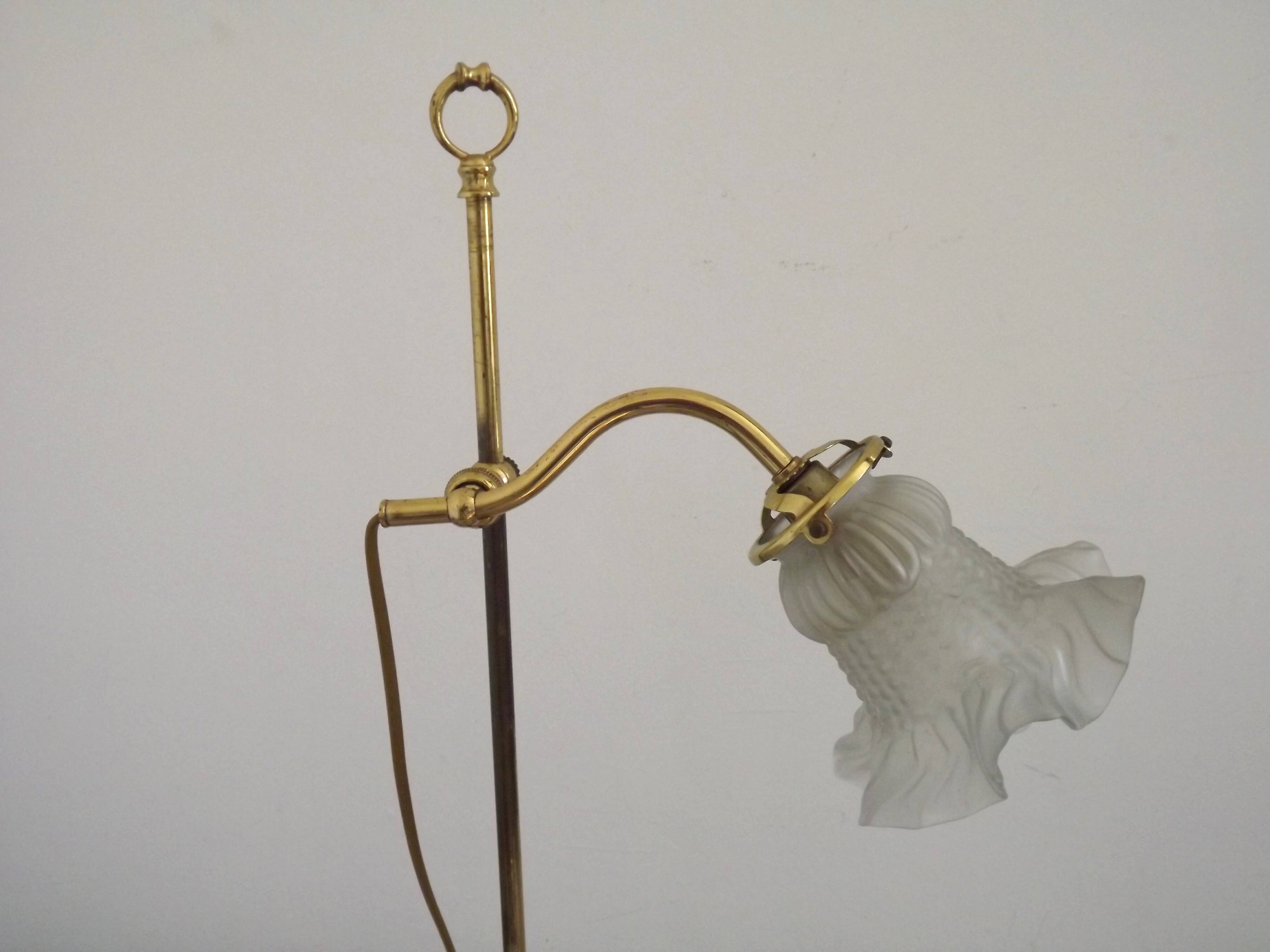 French antique brass goose neck table lamp with white opaque glass shade 5468.