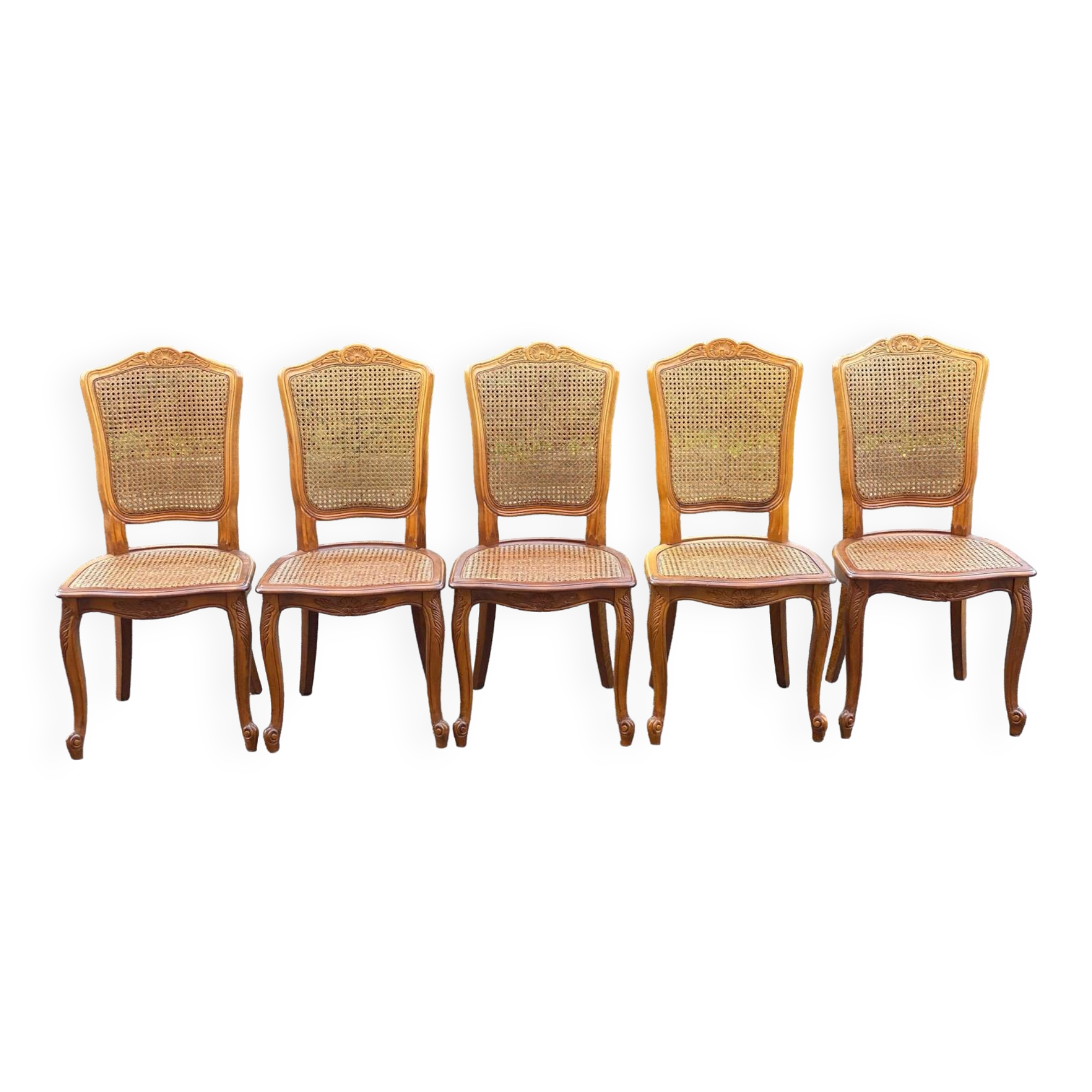 5 solid wood caned chairs, Louis XV style, stamped Baumann