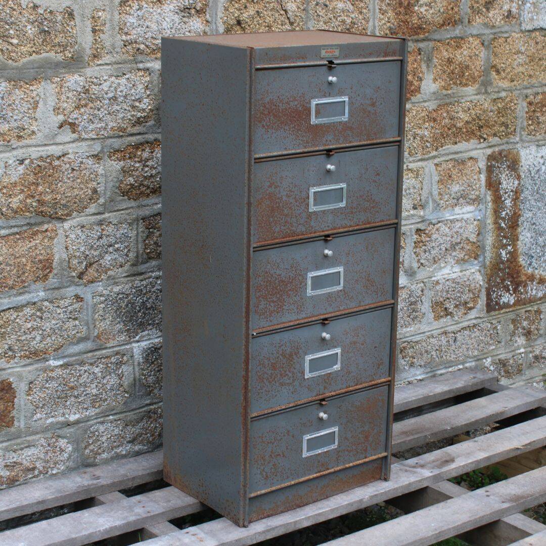 Patinated metal industrial filing cabinet – roneo