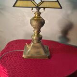 Lampe art deco bronze et laiton h40x30 abat jour style verre tiffany