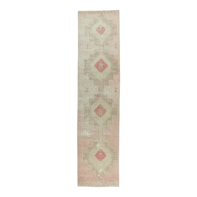 Vintage Turkish Hand-Knotted Beige Peach Runner Rug 89x330