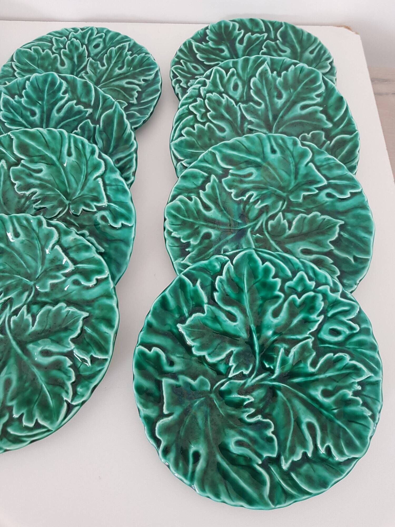 Set of 12 Green Majolica Leaf Plates Sarreguemines Digoin 1930