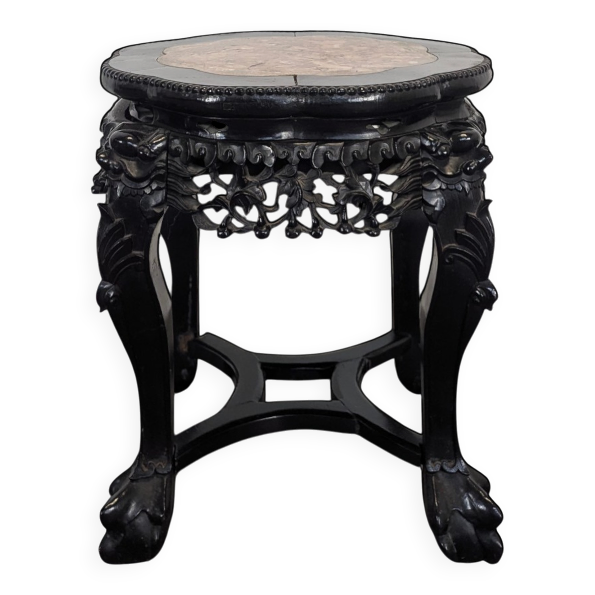 Side table with a wooden frame and marble top.