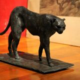 Art Deco Inspired Black Patinated Bronze Leopard Sculpture, 2020