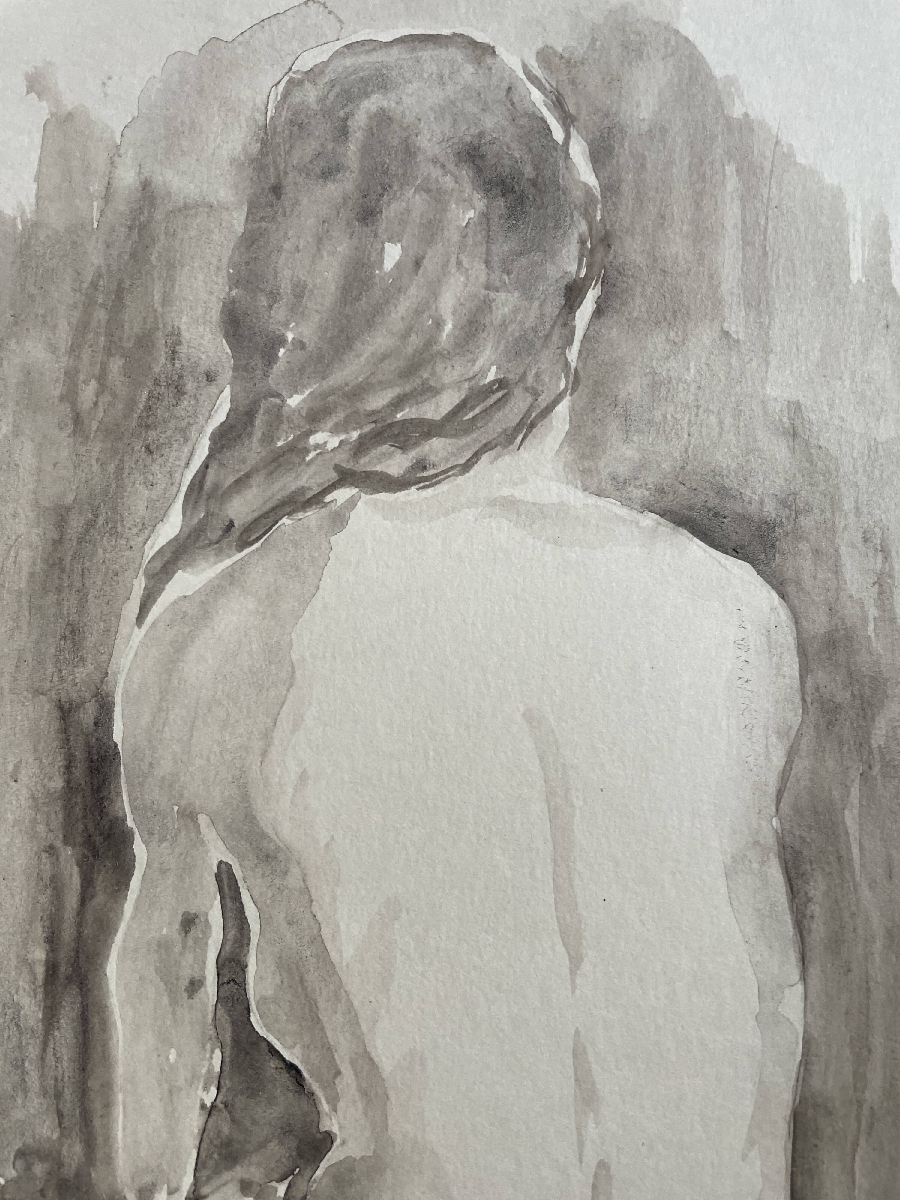 Painting signed watercolor monochrome sepia female nude portrait seated from behind