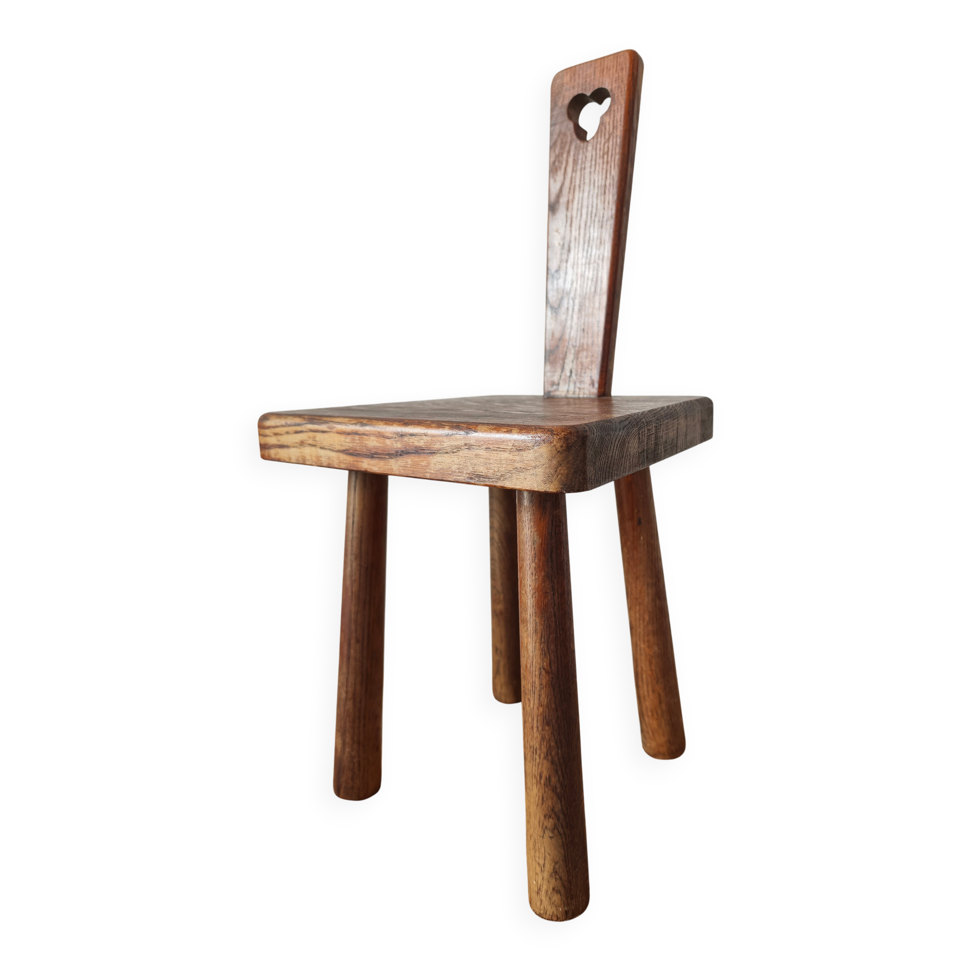 Brutalist stool with backrest in solid oak, origin Netherlands