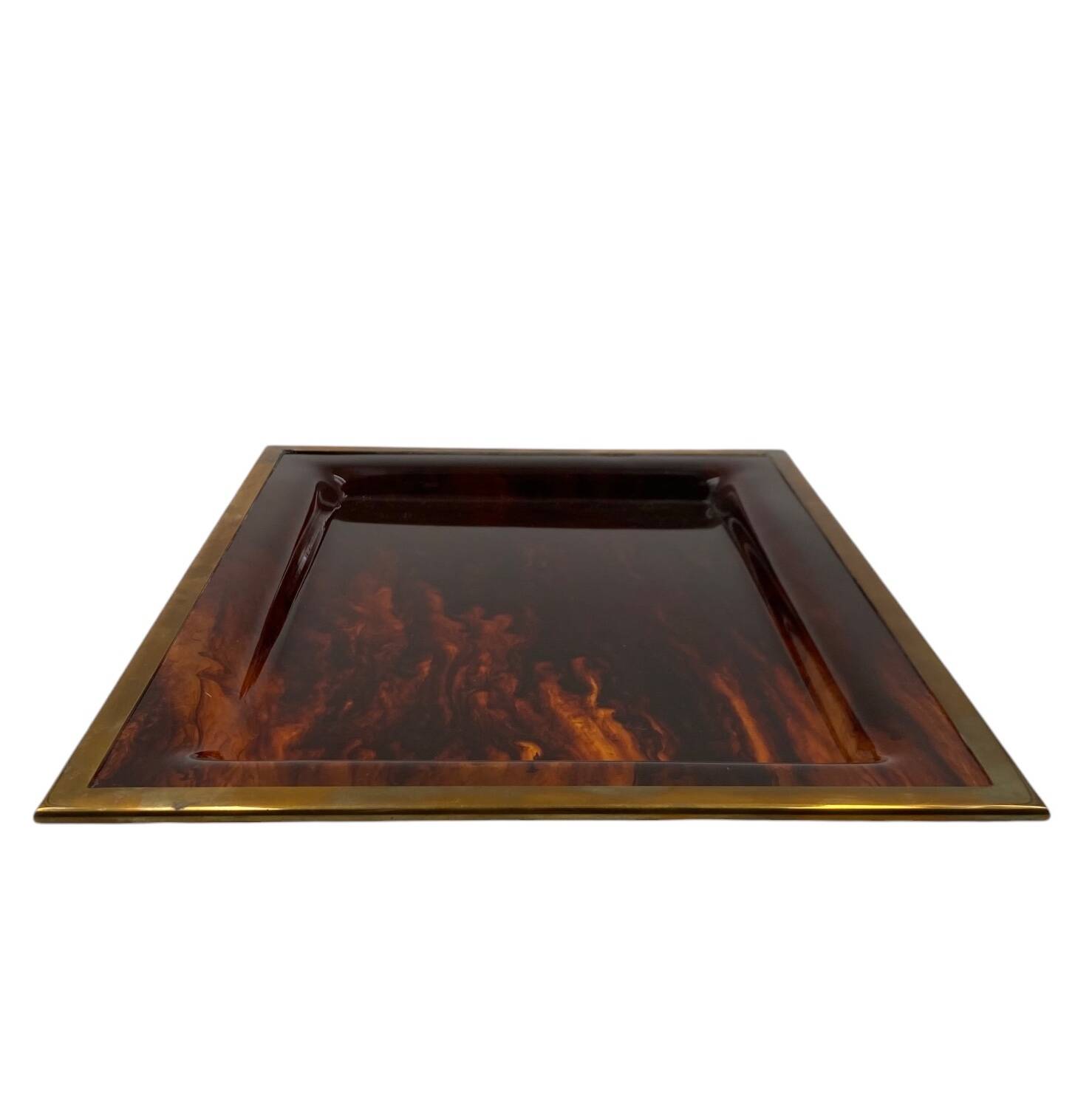 Plateau Hollywood Regency en laiton et en écaille de tortue, Italie, années 1970