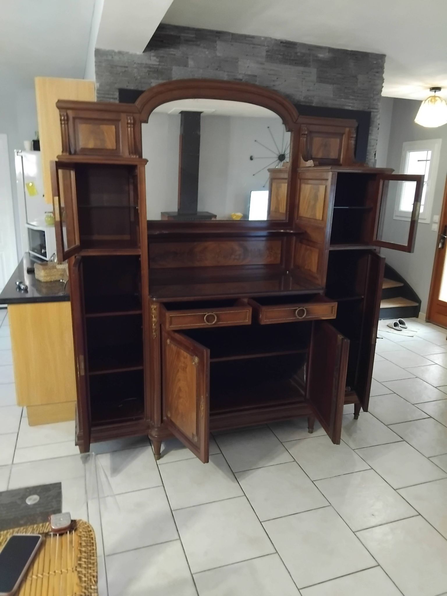 Ancien grand meuble cabinet louix xvi vitrine miroir