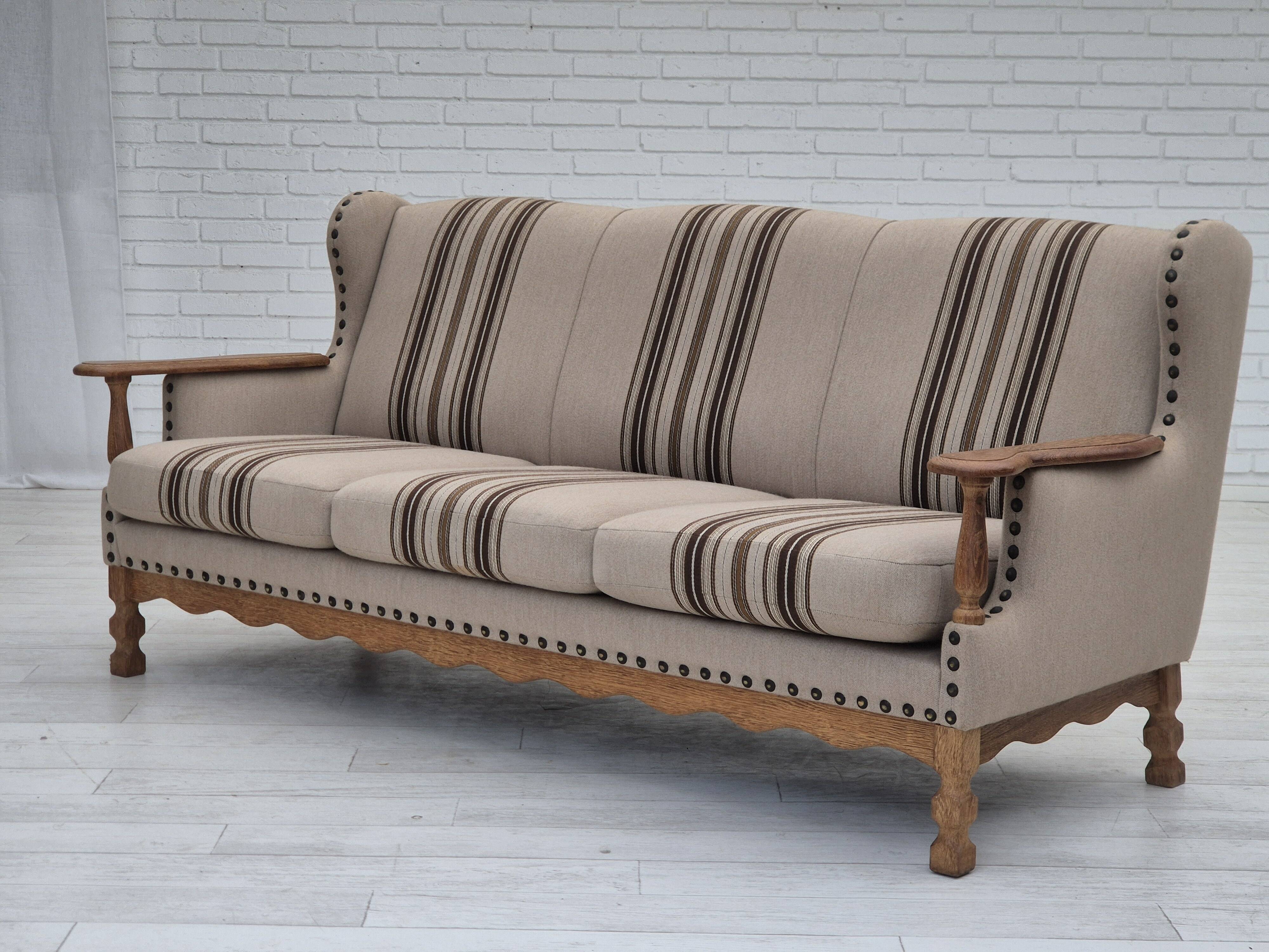 1970s, Danish 3-seater sofa, furniture wool fabric, oak wood, original.