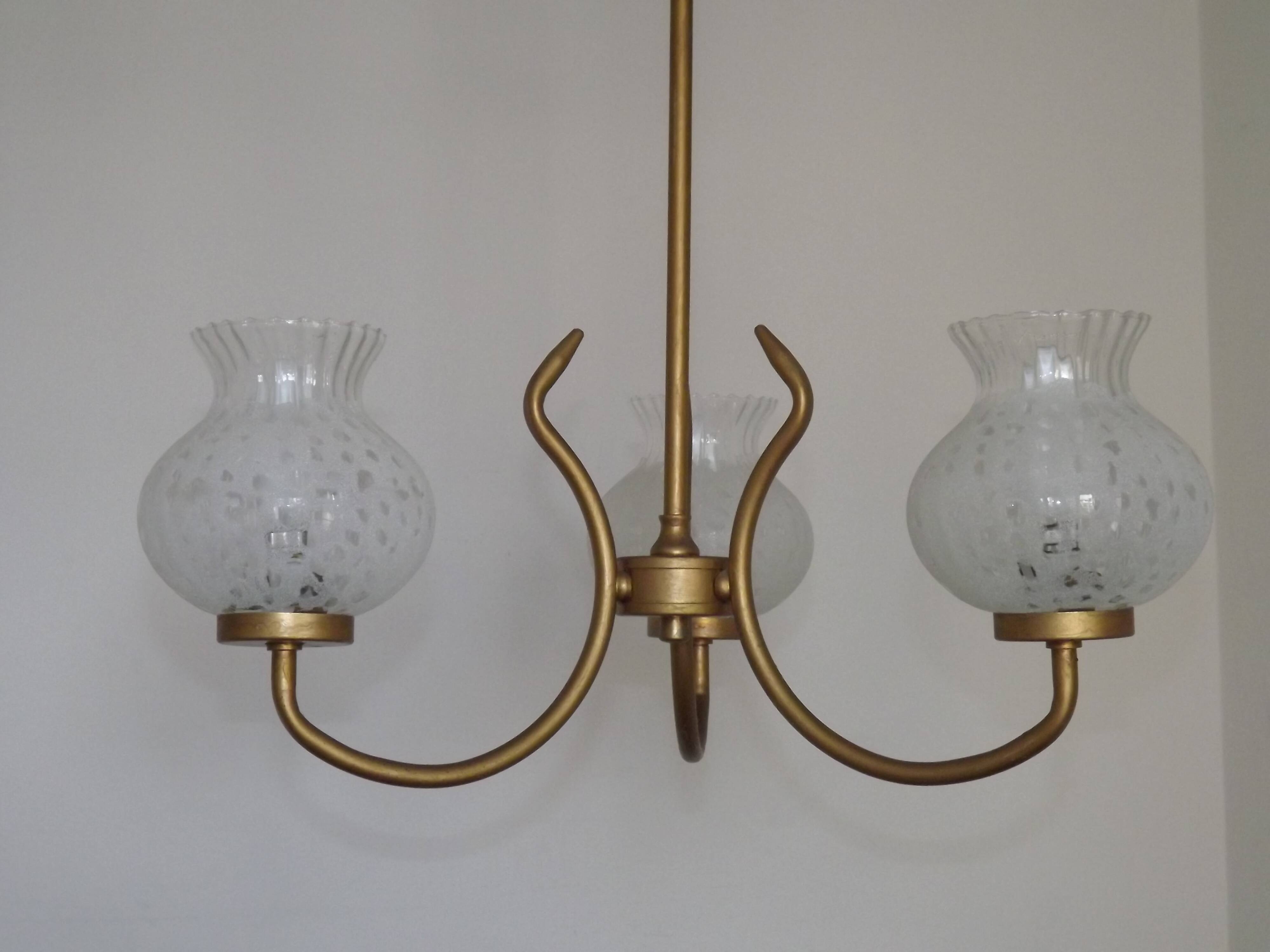 French Mid Century 3 Light Gold Metal Chandelier Textured Glass Shades