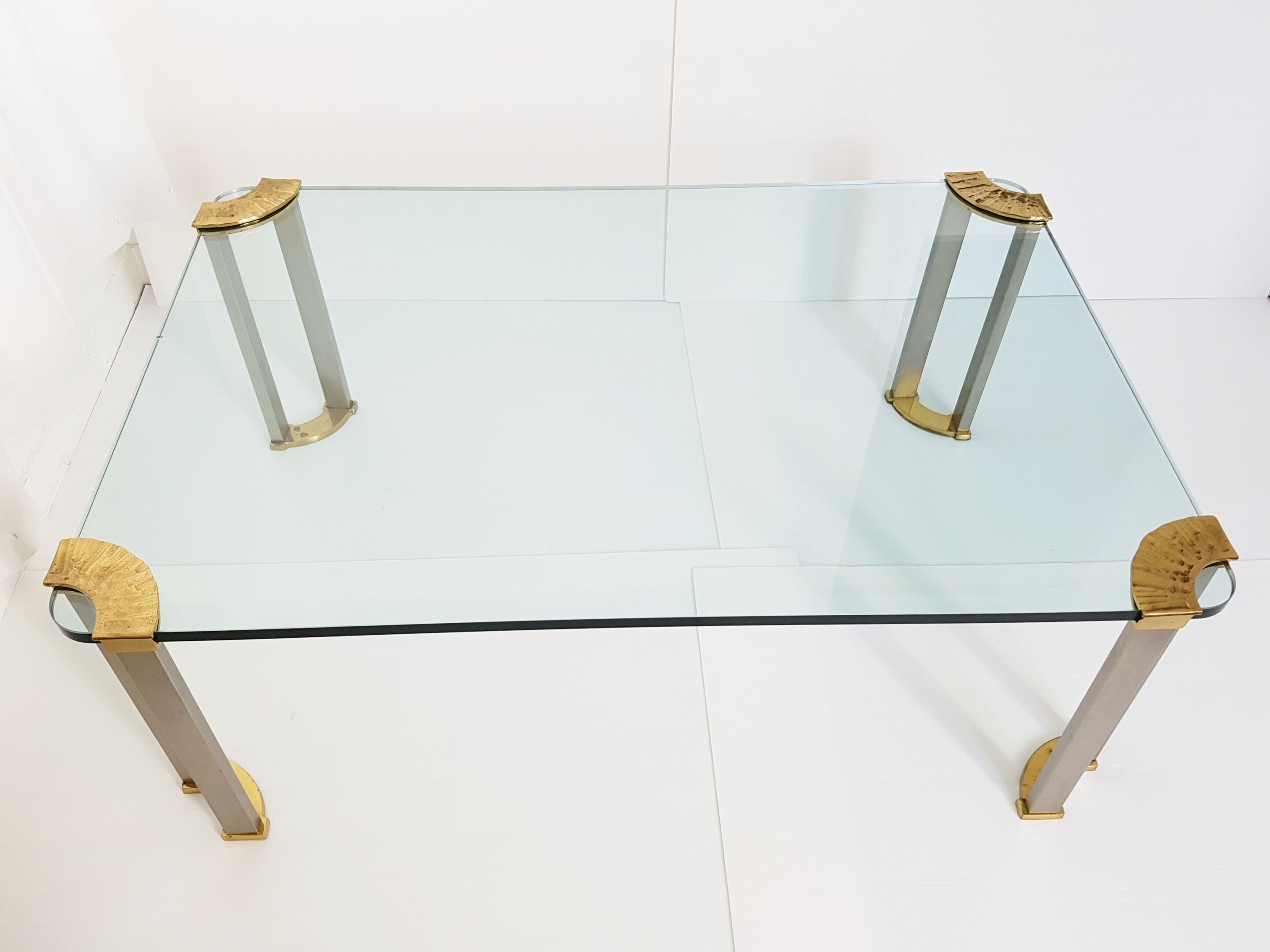 Coffee table glass, solid gold brass and brushed steel vintage seventies 70