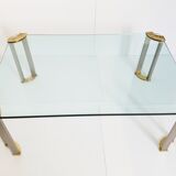 Coffee table glass, solid gold brass and brushed steel vintage seventies 70