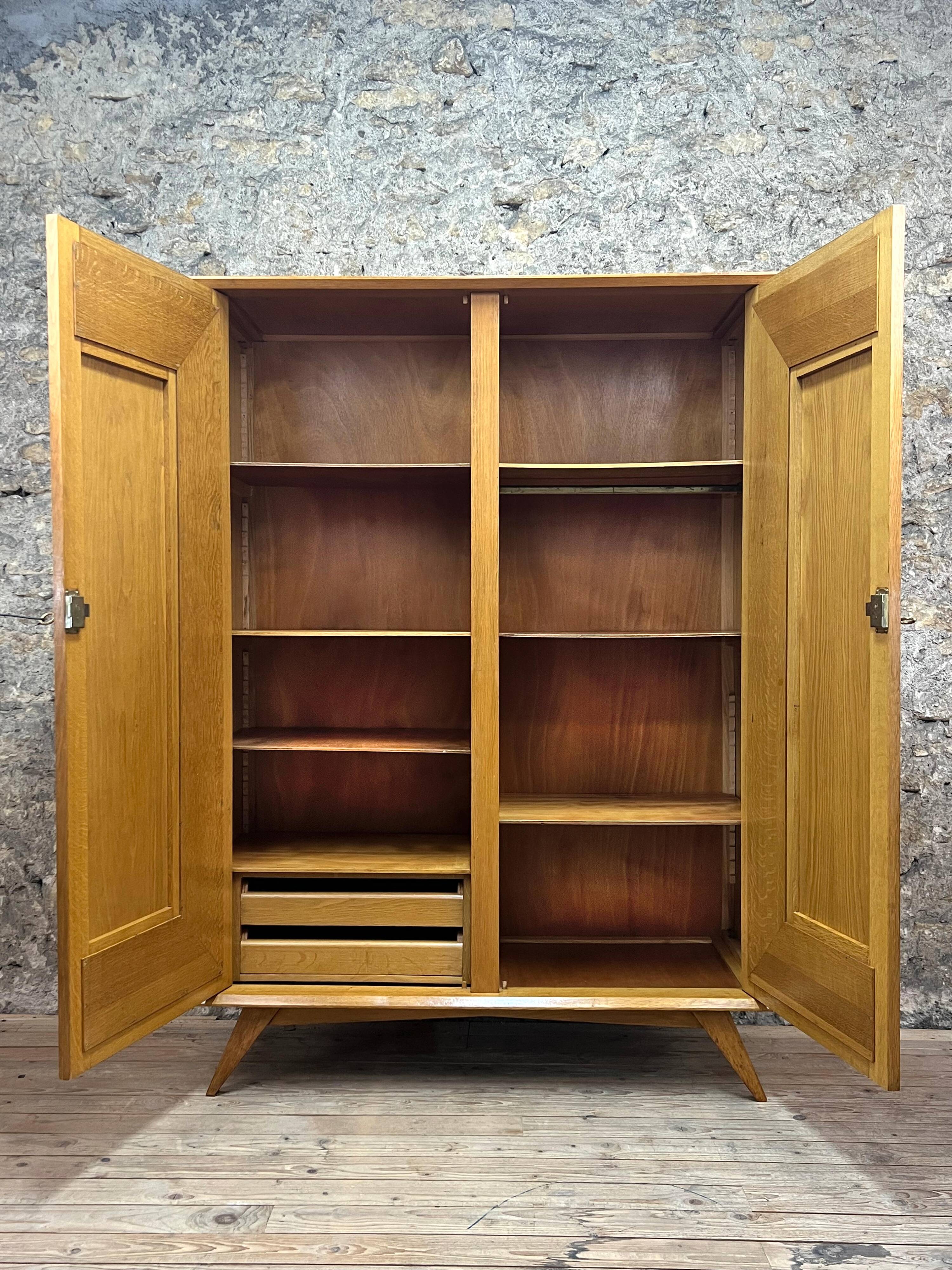 2 Door Wardrobe - Oak and Rattan - Compass Feet - Vintage 50/60's