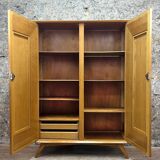 2 Door Wardrobe - Oak and Rattan - Compass Feet - Vintage 50/60's