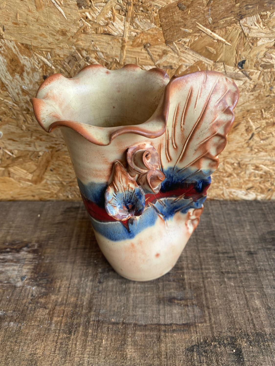 Vintage Beige Glazed Terracotta Vase with Relief Flower Decoration