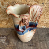 Vintage Beige Glazed Terracotta Vase with Relief Flower Decoration