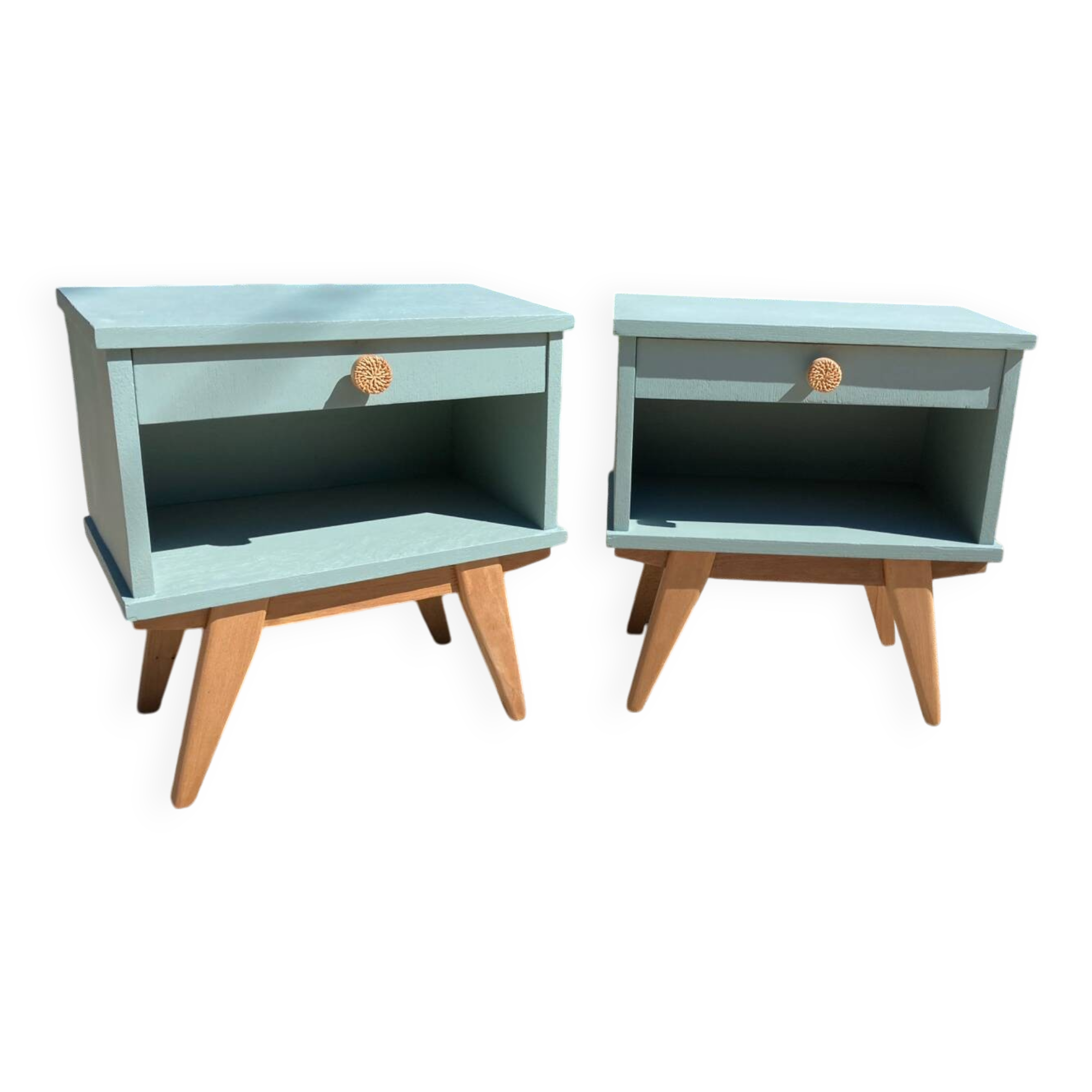 Pair of vintage bedside tables with compass feet/green