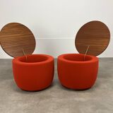 Pair of space age side tables, red velvet from the 70s