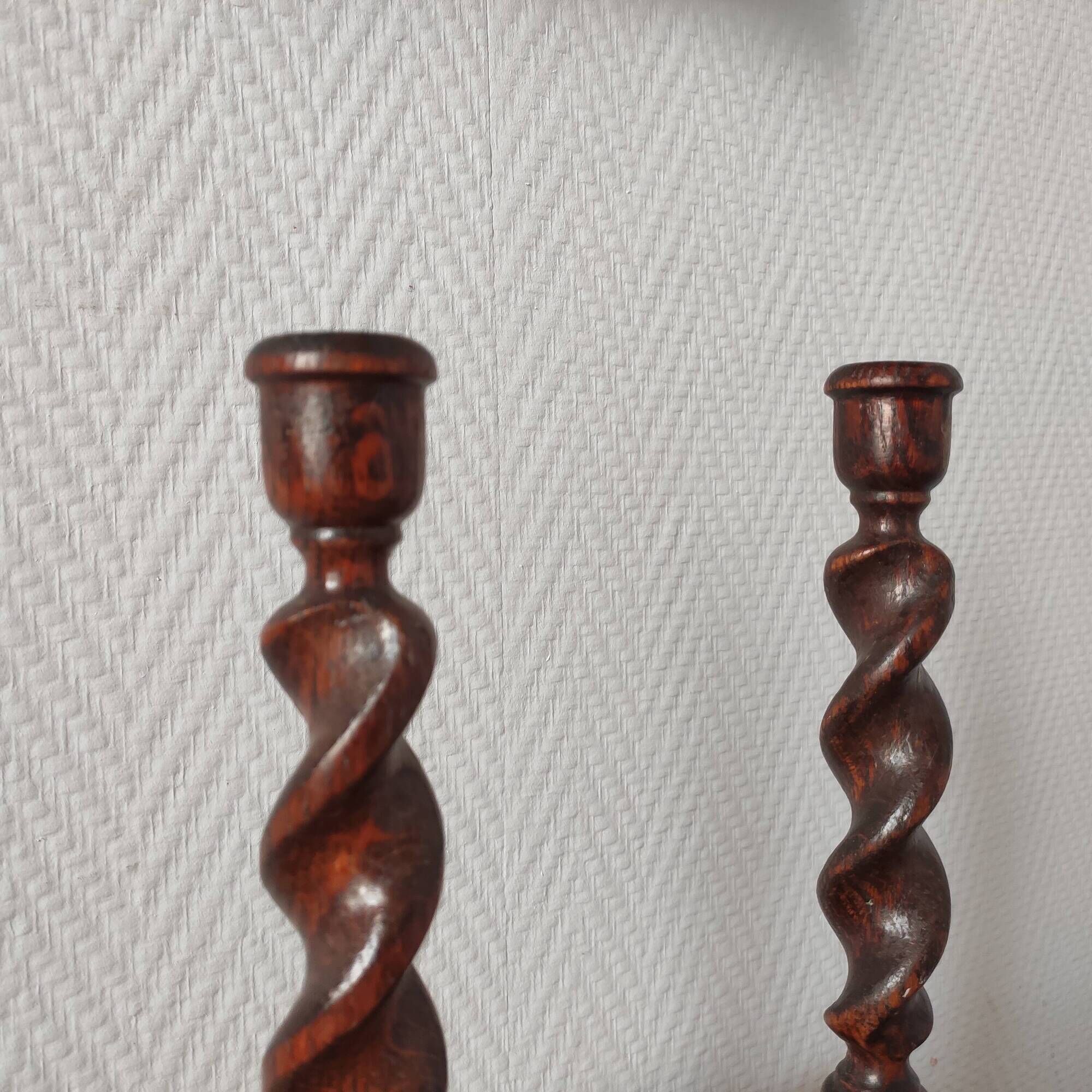 Pair of antique English turned wood candlesticks