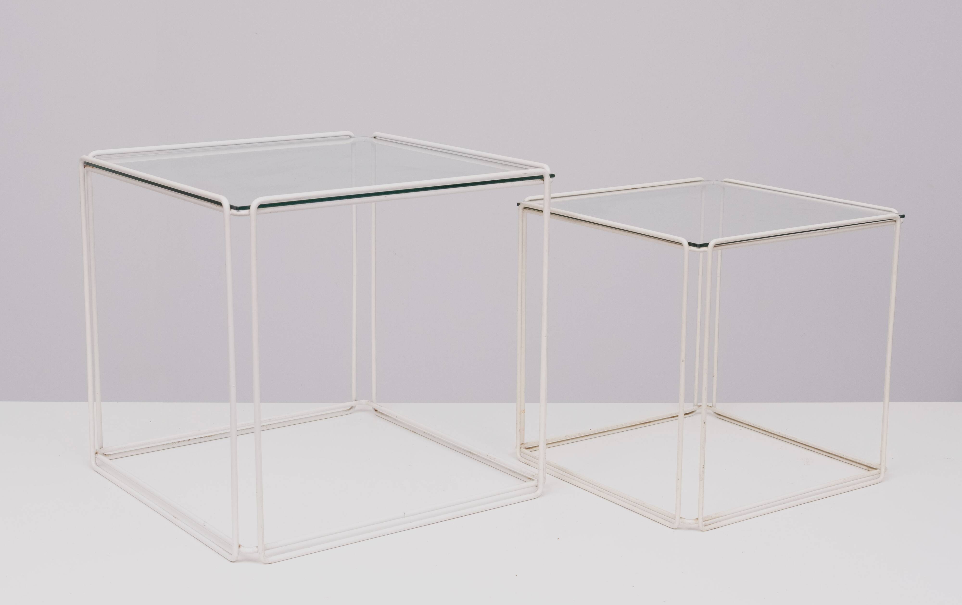 Isocele White and Clear Glass Nesting Tables Max Sauze for Max Sauze studio