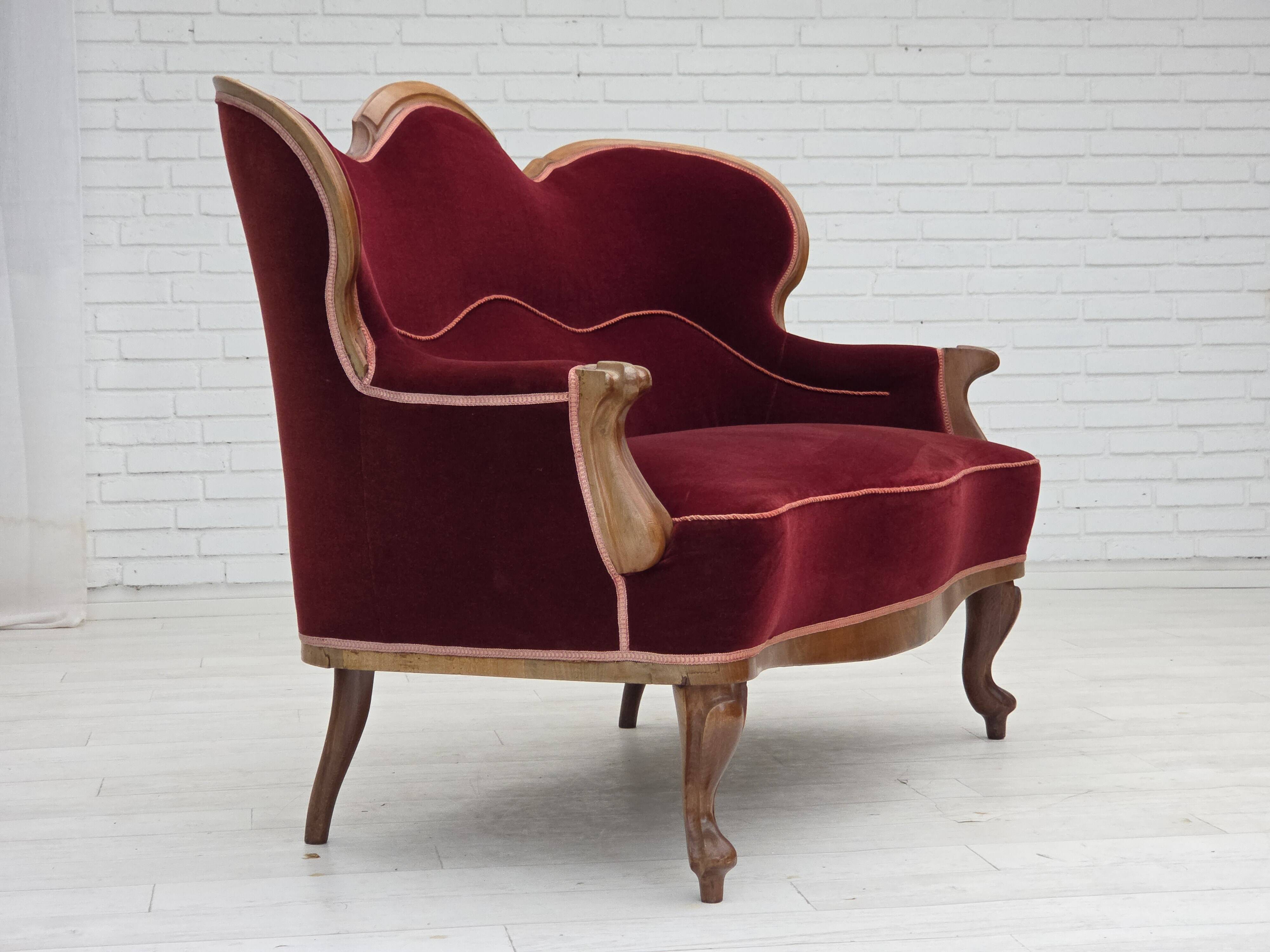 1930s, Danish 2-seater sofa, furniture velour, ash wood, reupholstered.