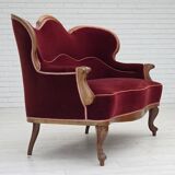 Canapé danois 2 places des années 1930, velours d'ameublement, bois de frêne, retapissé.