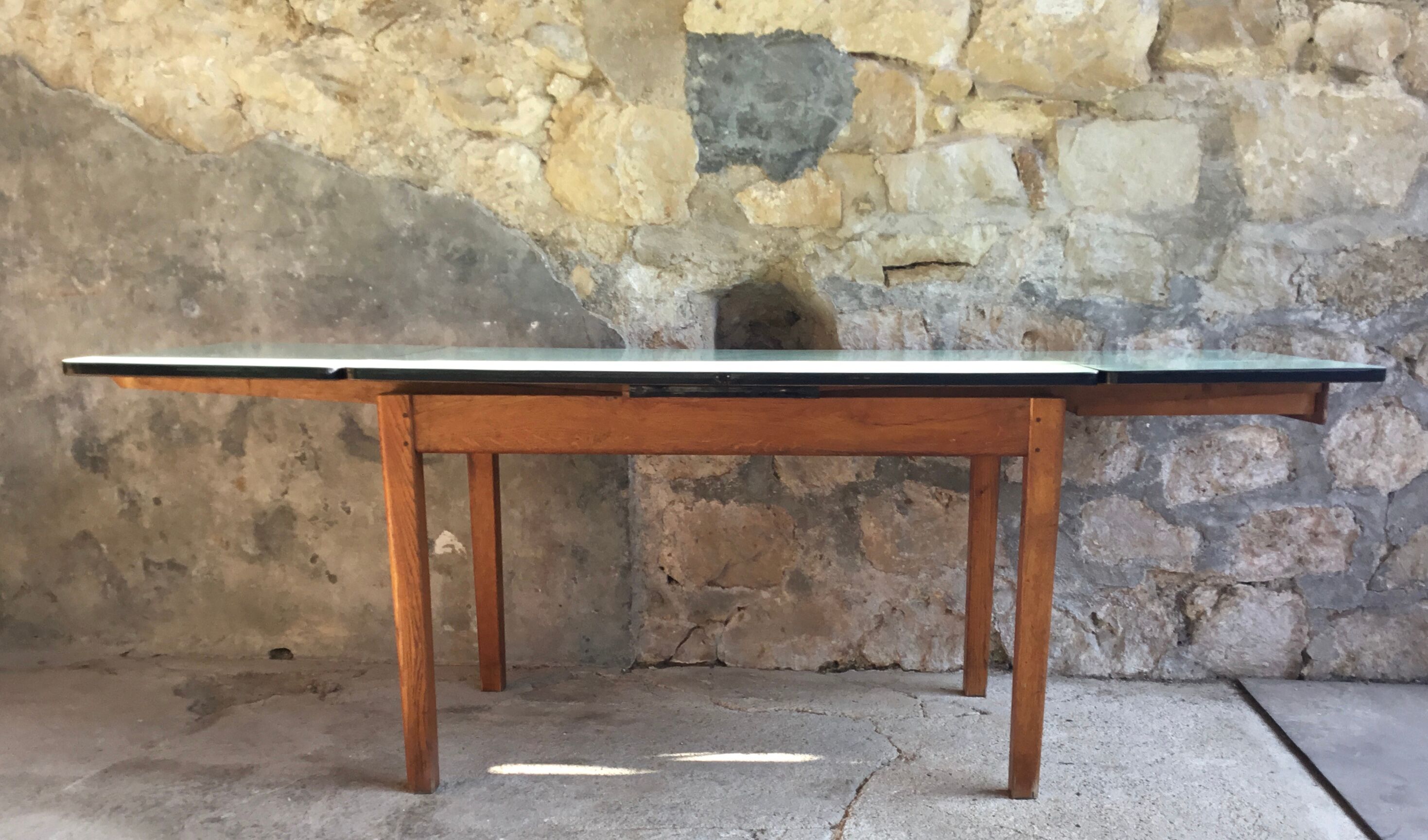 Vintage stretch table - oak footing - mint green formica tray - 1950