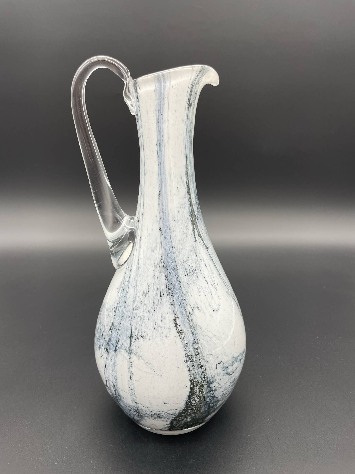 Pichet vintage en verre soufflé blanc et gris, style Murano