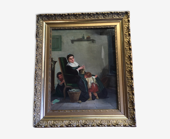 Tableau mère au tricot et enfants XIXème siècle huile sur toile