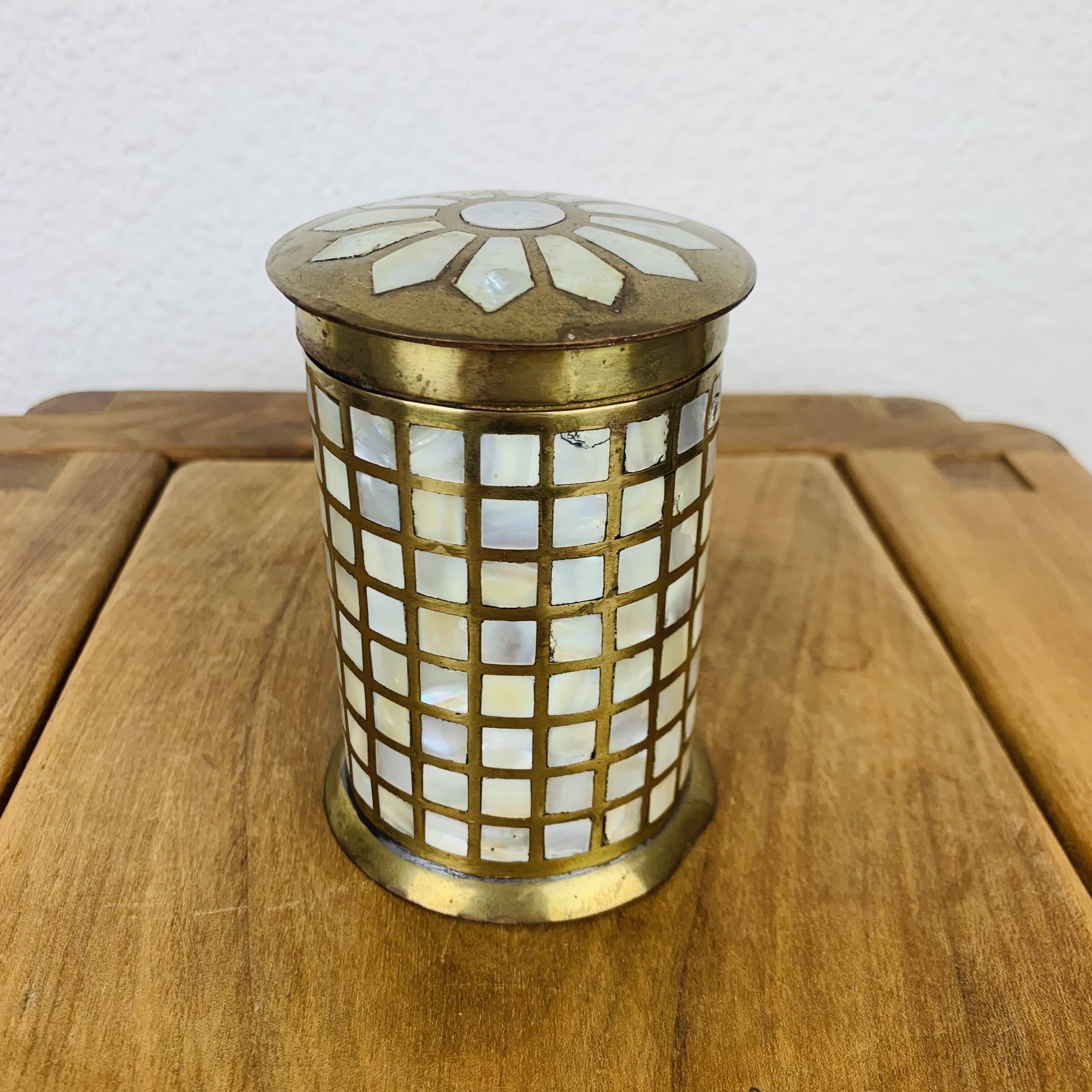 Vintage mother-of-pearl and golden brass box