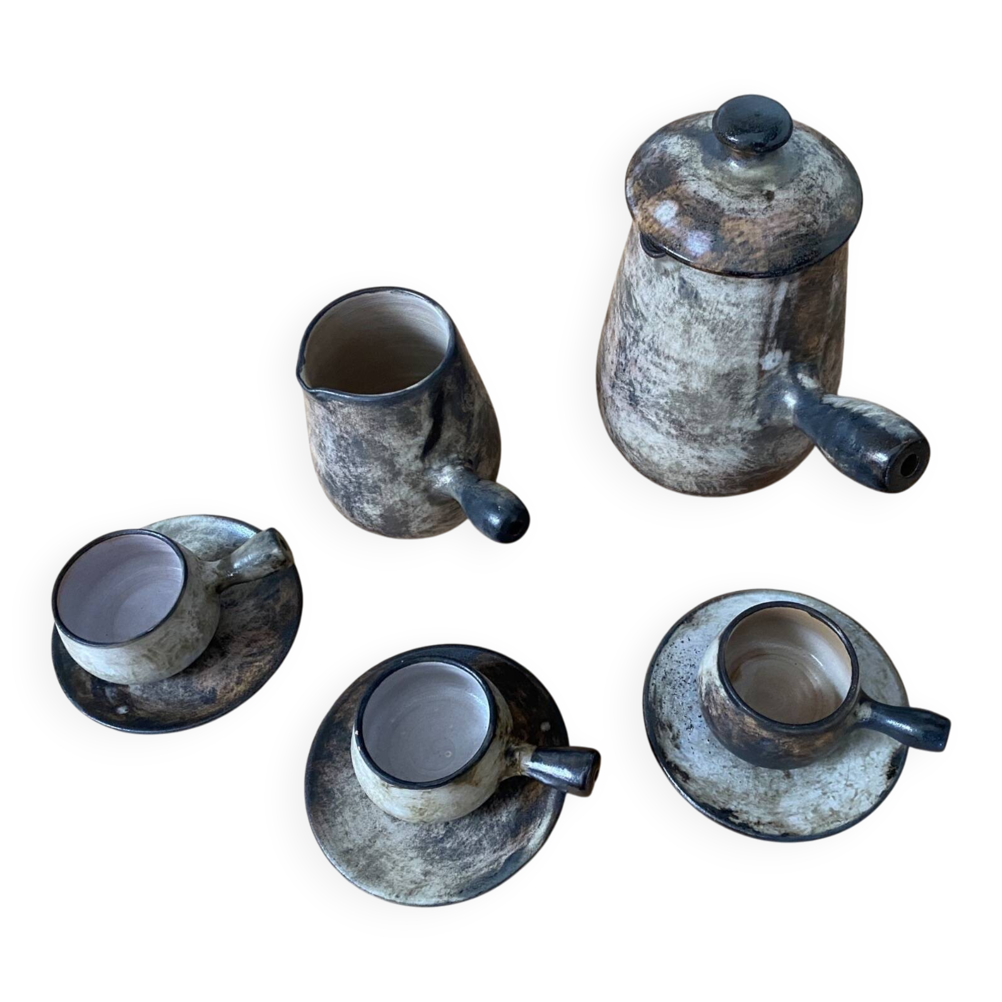 Vallauris set from the 1960s, coffee pot, milk jug, and cups by Félix Céram.