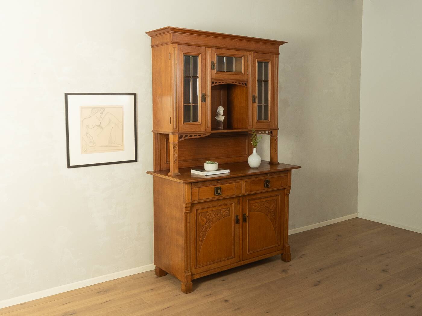 Two-piece buffet from the 1910s in Art Nouveau style, beech wood