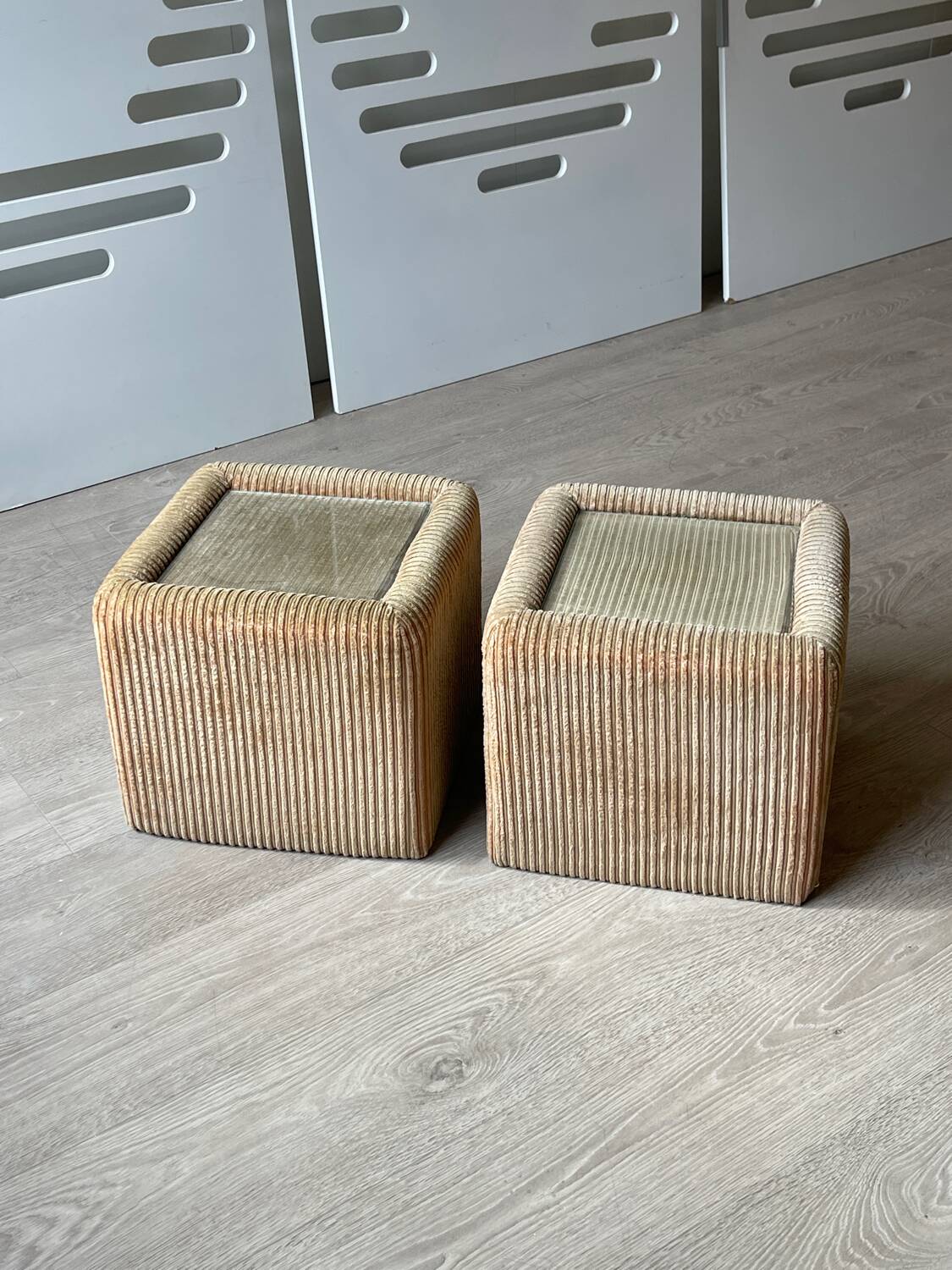 Pair of bedside tables, beige corduroy & glass