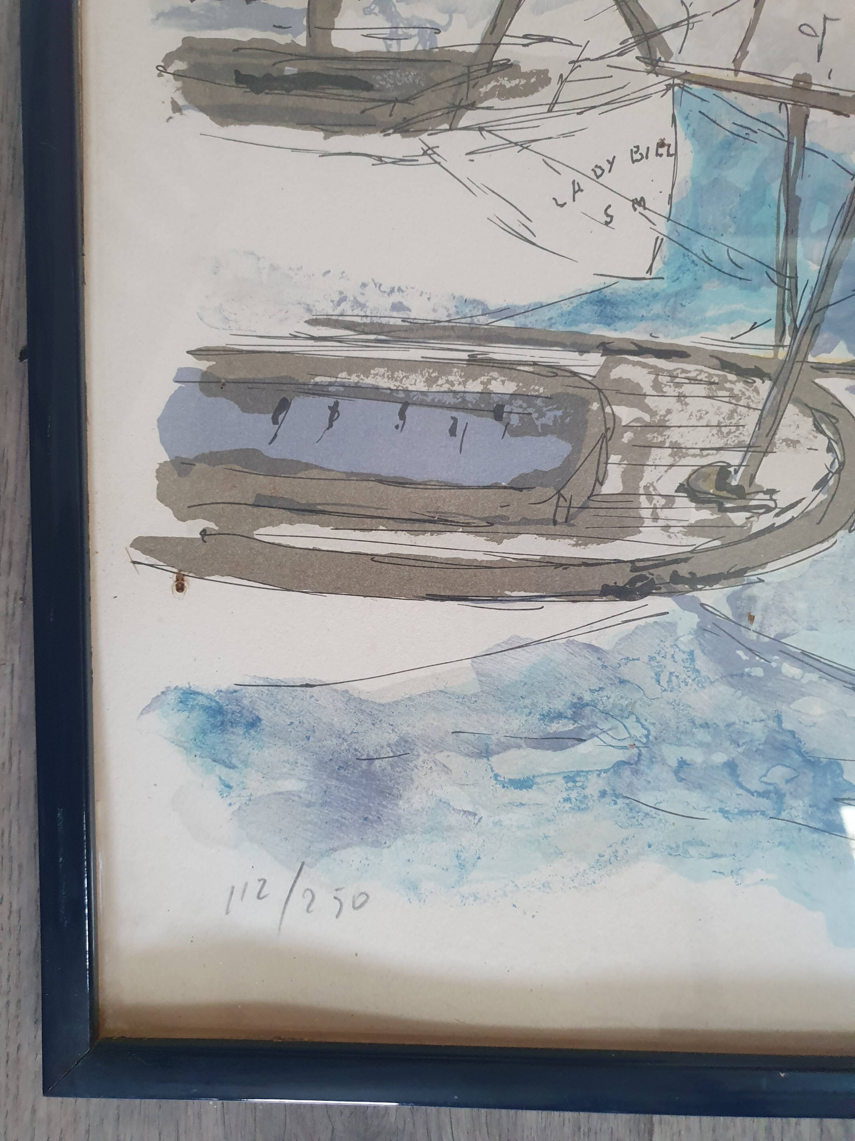 HUCHET lithograph canvas - “Sailboats in Saint-Tropez” Original lithograph in colors