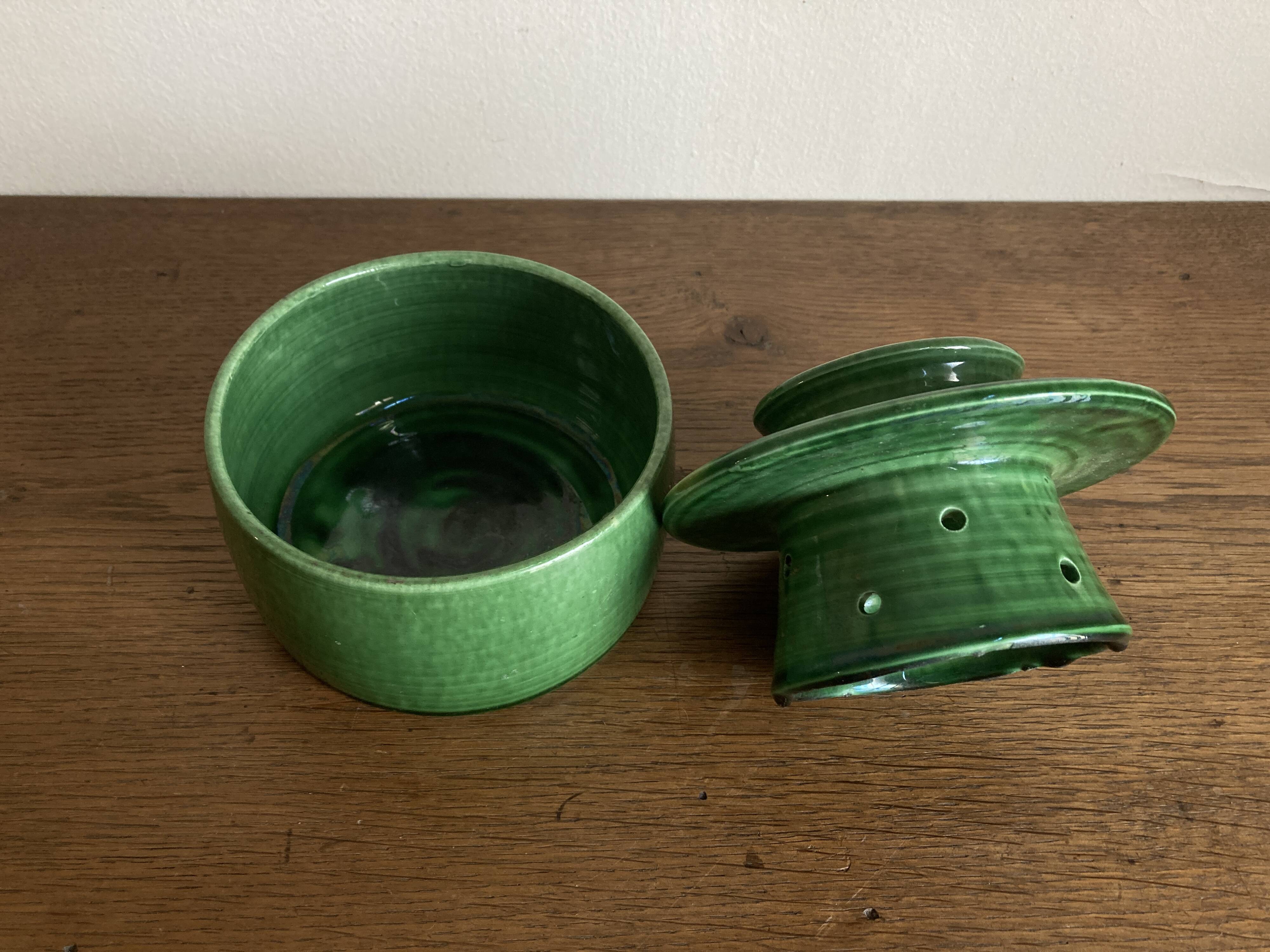 Foucart Jourdan Green glazed earthenware butter dish with water reservoir, 1960