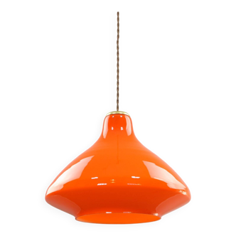 Lampe à suspension italienne du milieu du siècle en verre orange et laiton
