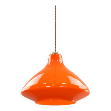 Lampe à suspension italienne du milieu du siècle en verre orange et laiton