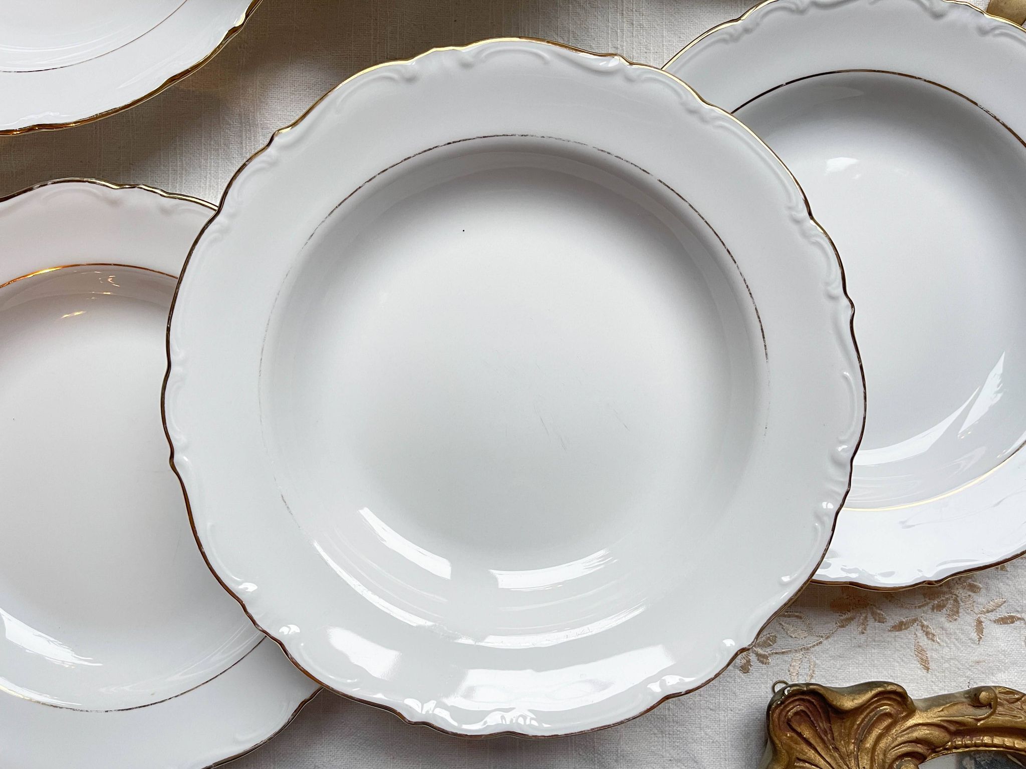 7 French Winterling BAVARIA white and gold porcelain soup plates