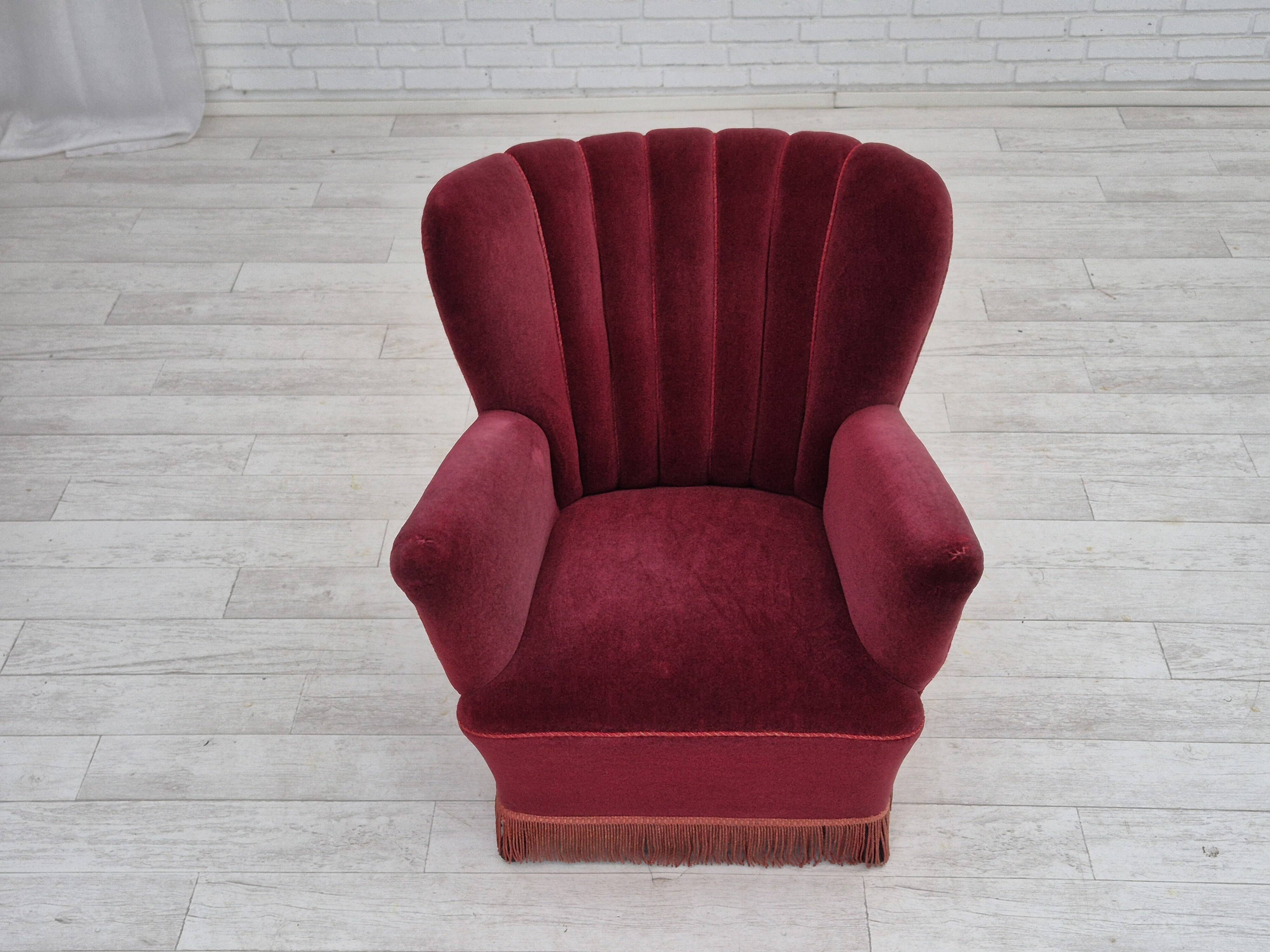 1960s, Danish armchair, original condition, cherry-red furniture velour.