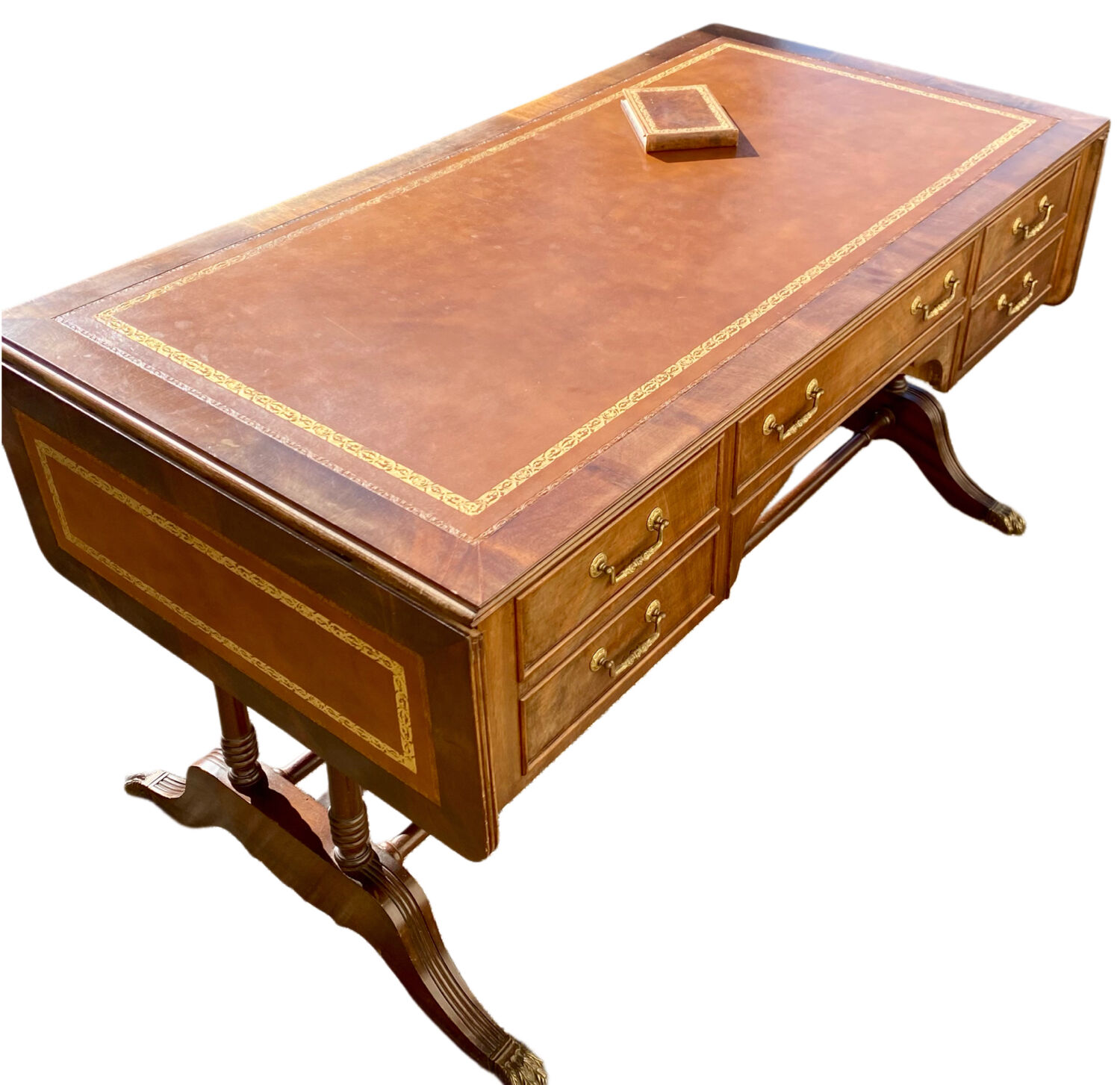 English desk, double-sided table with mahogany extension.