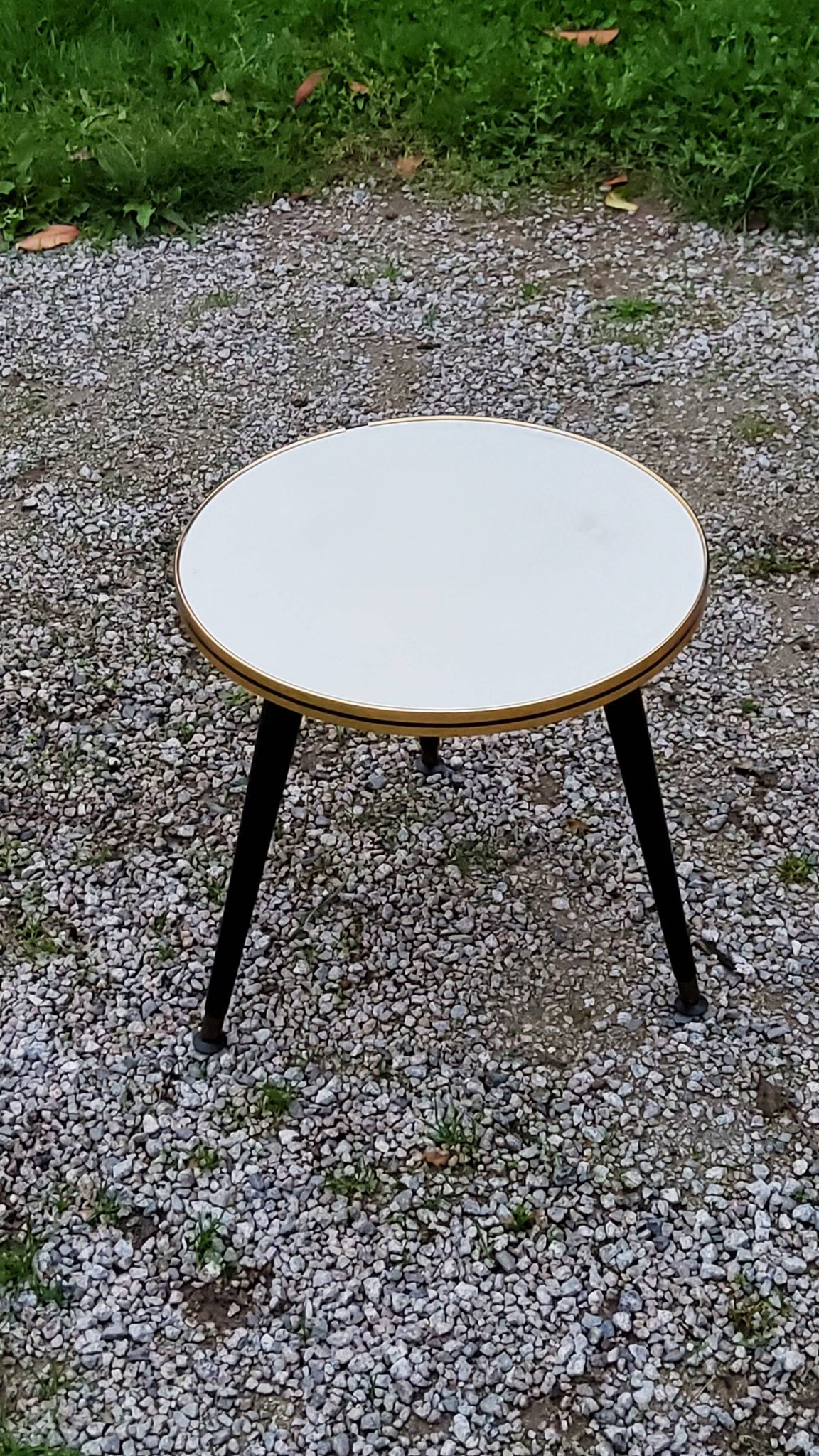 Vintage side table from the 60s, blackened wooden tripod base, white formica top