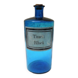 Ancien pot d'apothicaire en verre bleu - Tinct : Rhei